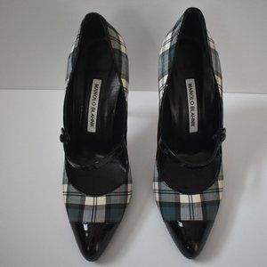 Manolo Blahnik Green Plaid Mary Jane Pumps Size US 8, EU Size 38.5